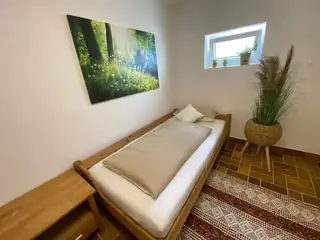 Helles Einzelzimmer mit Holzbett, Waldbild an der Wand und dekorativer Zierpflanze in der Ecke.