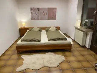Helles Schlafzimmer mit Doppelbett aus Echtholz, grünlichen Decken, Kunstfellteppich und botanischen Wandbildern.