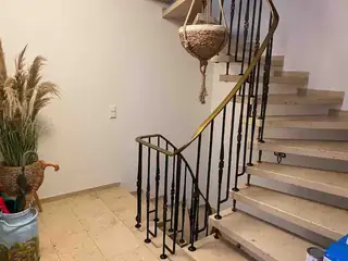 Eleganter Flur mit Steintreppe, geschmiedetem Geländer, Pampasgras-Dekoration und Hängepflanze.